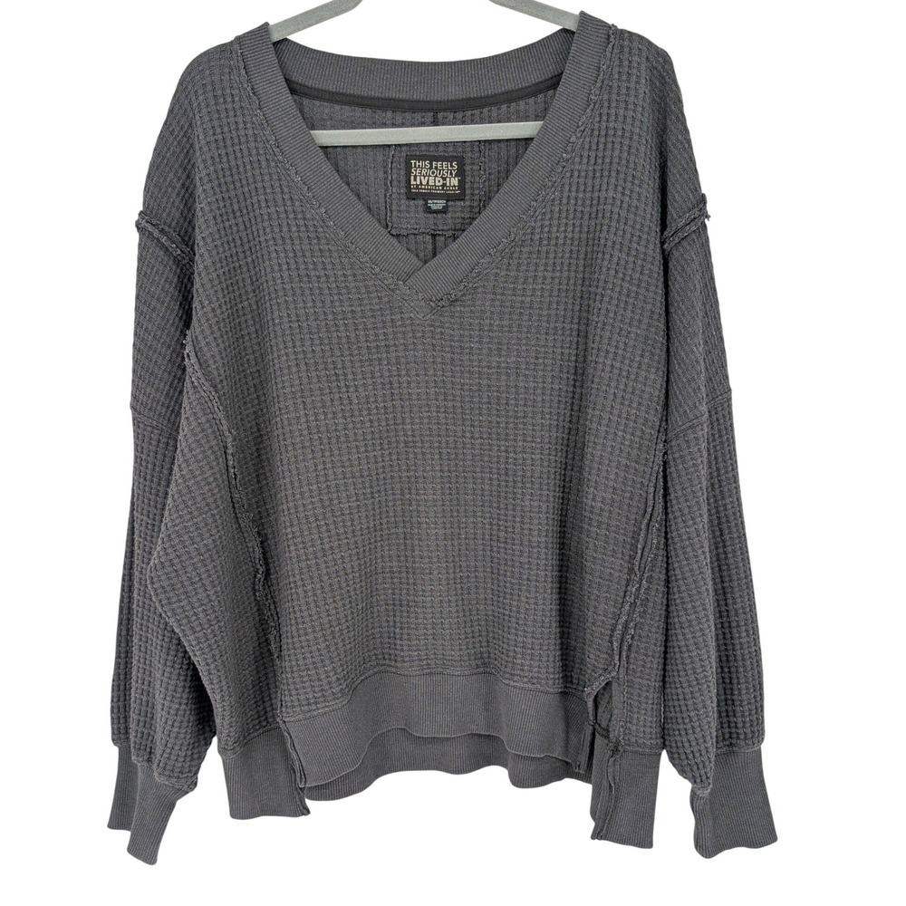 American Eagle Waffle Knit Pullover Women XS Black V-Neck Boho Minimalist Lounge